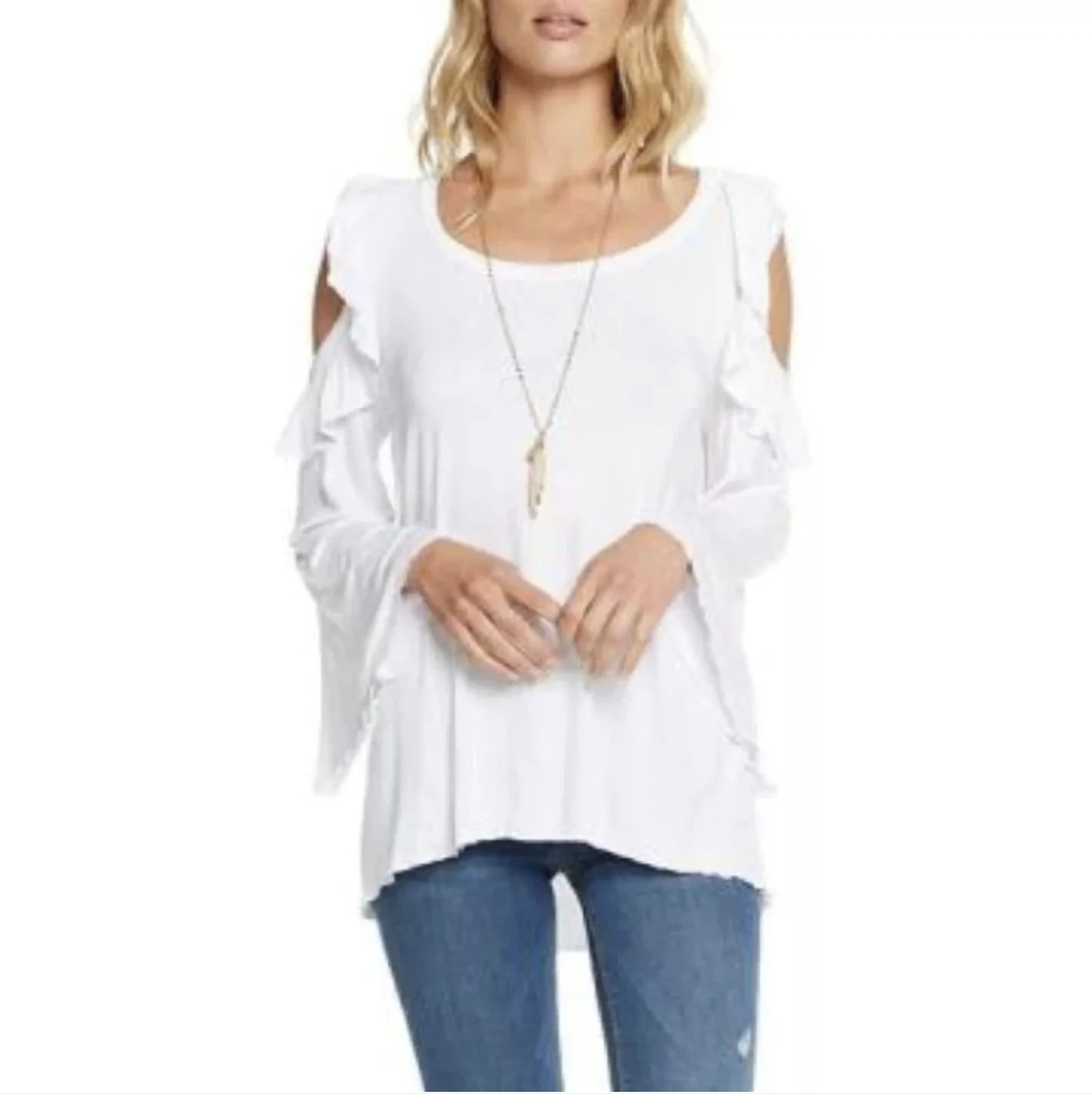 Chaser White Ruffled Cold Shoulder Flowy Bell Sleeve Top Size Medium